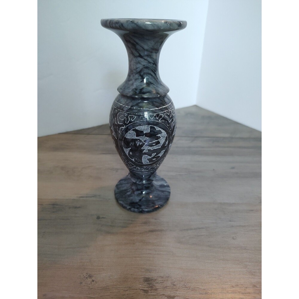 Four Blessings Vase Collectible Black & Grey Marble Carved Chinese Art EUC 8"